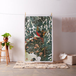Tissu Pheasants à Snow, Pine Tree, Roses, Japanese Flora