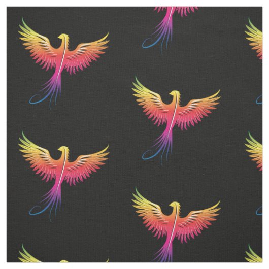 Tissu Phoenix s'élevant multicolore sur noir (Échantillon)