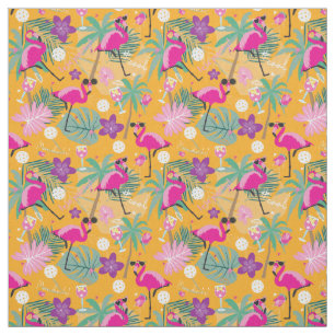 Tissu Pickleball tropical avec flamants, jaune