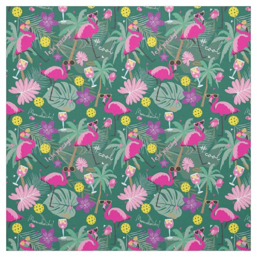 Tissu Pickleball tropical avec flamants, vert (Échantillon)