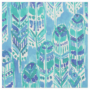 Tissu Plumes chics tribales de Boho d'Aqua GRAND de