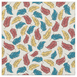 Tissu Plumes de dessin rouge, bleu et jaune sur crème