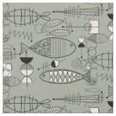 Tissu Poisson du milieu du siècle Art noir blanc vert (Fermer)