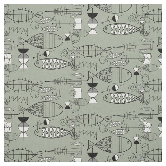 Tissu Poisson du milieu du siècle Art noir blanc vert (Échantillon)
