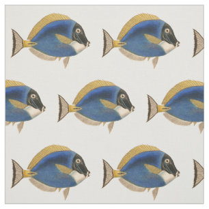 Tissu Poisson vintage Tropical Dessin Or Bleu