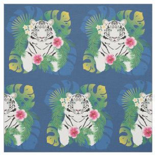 Tissu Portrait de tigre blanc avec feuilles tropicaux