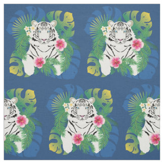Tissu Portrait de tigre blanc avec feuilles tropicaux