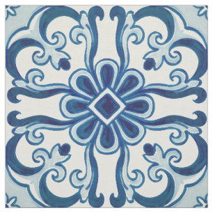 Tissu Portuguese Azulejos Blue Floral Tile Pattern