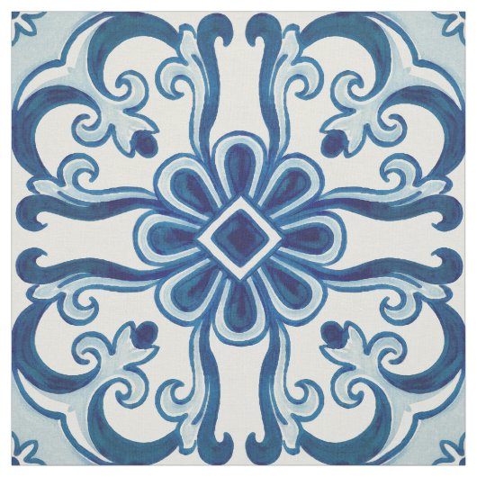 Tissu Portuguese Azulejos Blue Floral Tile Pattern (Échantillon)