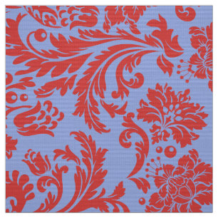 Tissu Poudre bleu et rouille rouge damas floraux