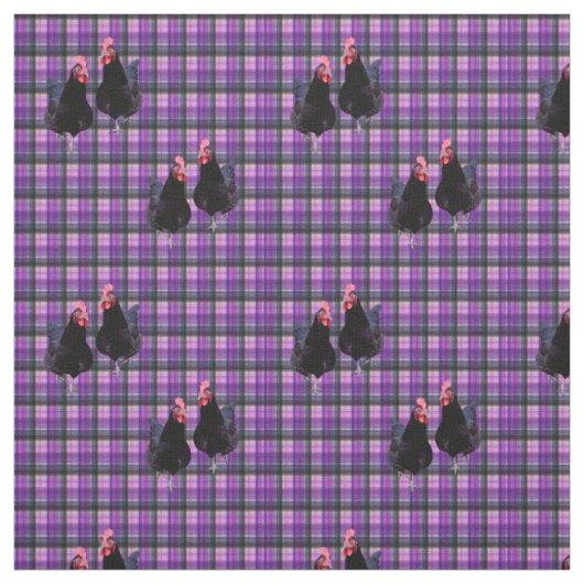Tissu Poulets Noirs Sur Tartan Violet, (Échantillon)