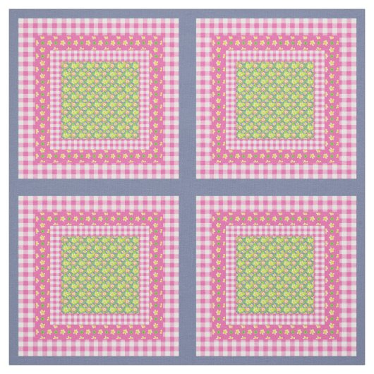 Tissu Primroses Rose Bleu Vert Faux Motif Patchwork (Échantillon)