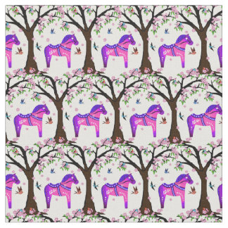 Tissu Purple/rose/bleu Folk Dala cheval/ oiseaux/fleurs
