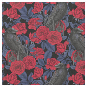Tissu Ravages et roses avec des feuilles bleu foncé