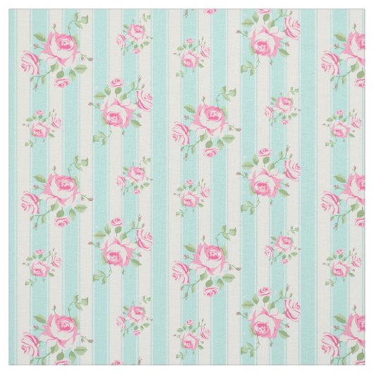 Tissu Rayure florale Teal de rose classique de cru (Échantillon)