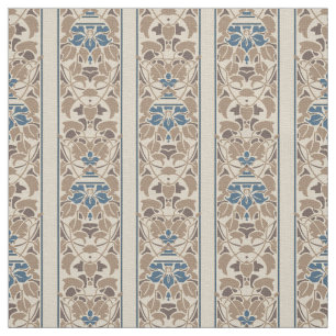 Tissu Rayures florales brun clair, crèmes et bleues