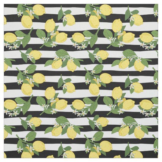 Tissu Rayures Noires Citron Citrons (Échantillon)