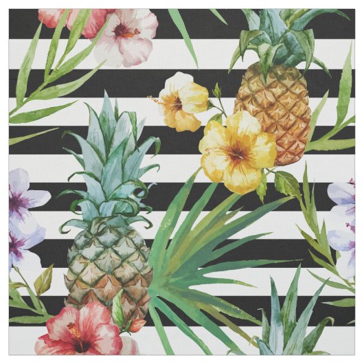 Tissu Rayures tropicales de noir de fleur d'ananas (Échantillon)
