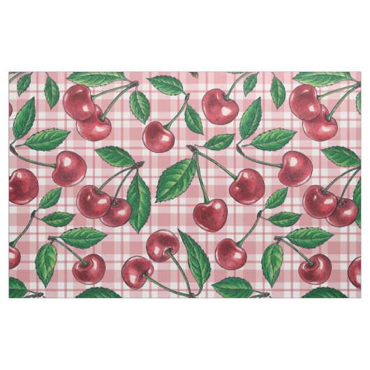 Tissu Red cherries on pink gingham (Fat Quarter)