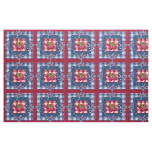 Tissu Red White Blue Cherries Gingham Patchwork Quilt (Yard)