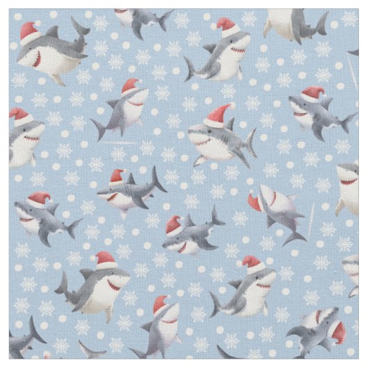 Tissu Requins de Noël & flocons sur fond bleu clair (Fermer)
