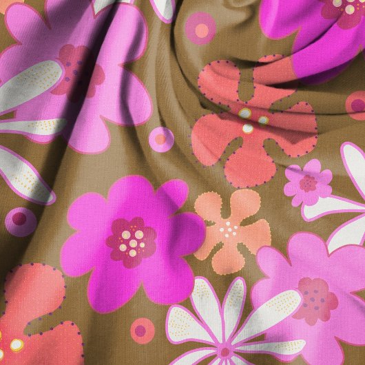 Tissu Retro Flowers Art Pattern Pink Brown