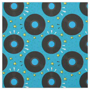Tissu Retro Music Vinyl Records Motif sur Blue
