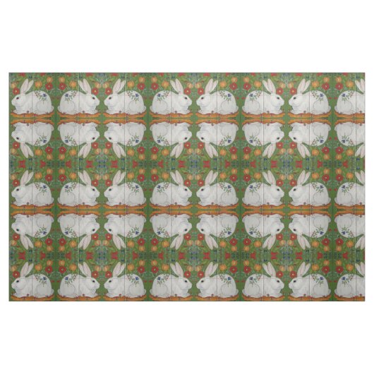 Tissu Reverse Blanc Rabbit Vert Floral Folk Art Fabric (Fat Quarter)