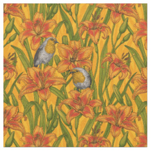Tissu Robins et fleurs de lys, orange et vert