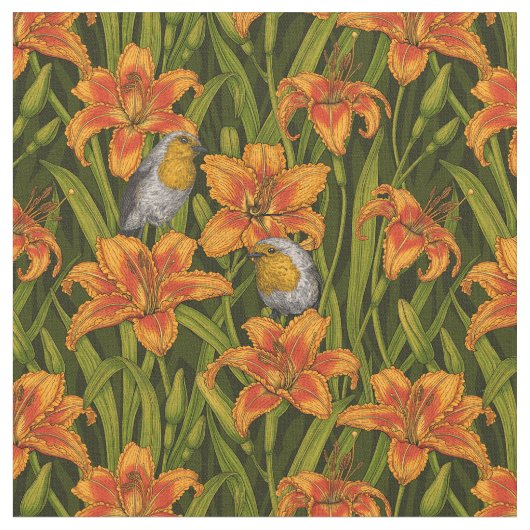 Tissu Robins et fleurs de lys, orange et vert foncé (Fermer)
