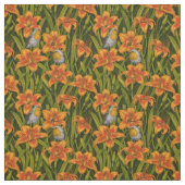 Tissu Robins et fleurs de lys, orange et vert foncé (Échantillon)