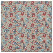 Tissu Robots rétro à motif bleu et rouge (Échantillon)