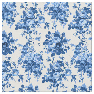 Tissu Romantique Vintage Roses-Bleu sur Blanc