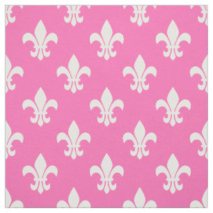 Tissu Rose Chaud, Fleur De Lis Blanc Motif