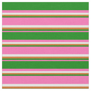 Tissu Rose chaud, vert, chocolat et rayures blanches