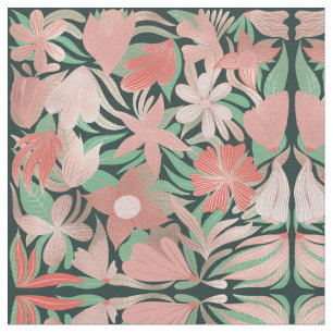 Tissu Rose Coral vert Floral Feuilles Illustrations
