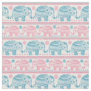 Tissu Rose et motif ethnique turquoise d'éléphant