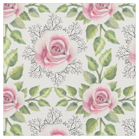 Tissu Rose Rose Vert Feuille Floral (Fermer)