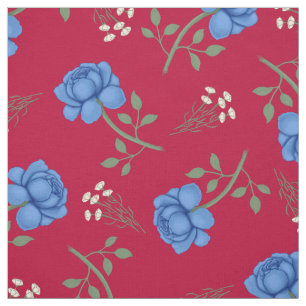 Tissu Roses bleues sur calicot rouge surdimensionné