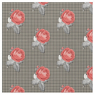 Tissu Roses roses vintage et motif pied-de-poule