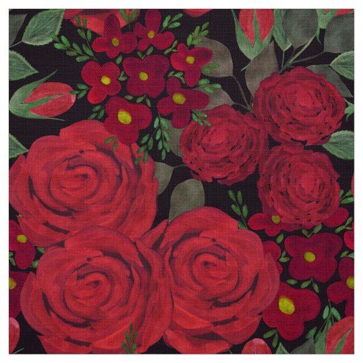 Tissu Roses rouges d'aquarelle sur le noir, (Échantillon)
