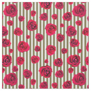 Tissu Roses rouges et rayures vertes