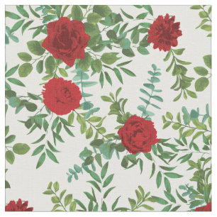 Tissu Roses Rouges Fleurs Florales Blanches