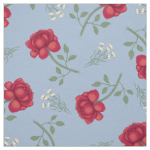 Tissu Roses rouges sur bleu clair Calico surdimensionné