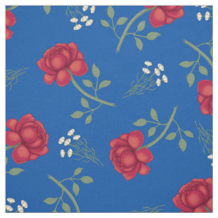 Tissu Roses Rouges sur Calicot Bleu Moyen Surdimensionné