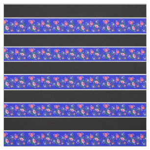 Tissu Royal bleu/noir, bande blanche épingle, folk flora