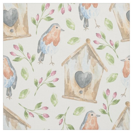 Tissu Rustic Birdhouse Robin Watercolor Pattern (Échantillon)