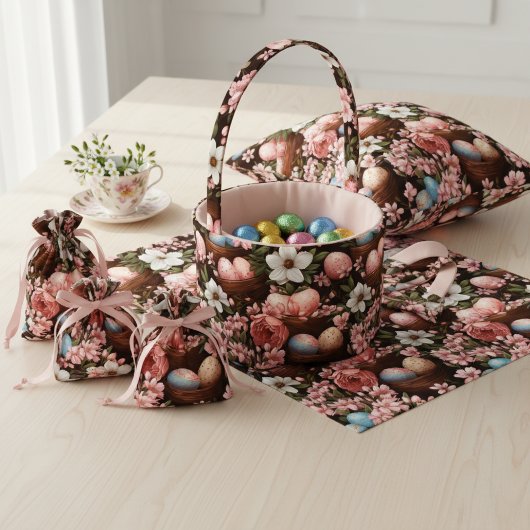 Tissu Rustic Easter Eggs & Wicker Basket Floral Fabric