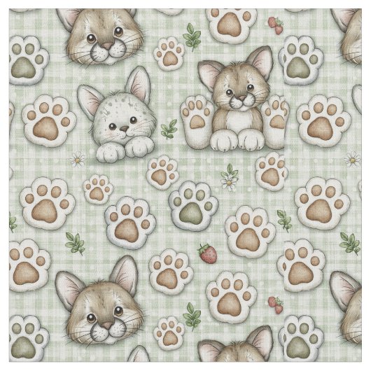 Tissu Sage Vert Beige Gingham Mignon Empreinte de Patte  (Fermer)