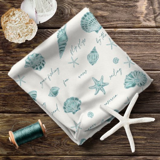 Tissu Shells Starfish Sun Fun Texte Turquoise ID918